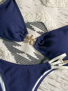 Swim Chiccia Women's Elegant Sexy Beach Vacation Party Swimsuit Set, Metallic Starfish Decor Triangle Cup Bikini, Textured Fabric Navy Blue & Apricot Swimsuit Set - Navy Blue - View 4