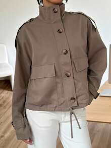 SHEIN EZwear Trench Coats New Autumn Old Money Women's Autumn Fashion Street Chic High Collar Dropped Shoulder Loose Flap Pocket Short Trench Coat Brown Clothes - Mocha Brown - View 3