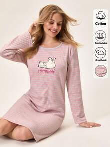 EURMUSE Women PLUS CURVE Cotton Rib Knit With Contrast Colour Binding With Cat Embroidery Detail Round Neck Long Sleeve Homewear Sleep Pajama Dress - Multicolor - View 1