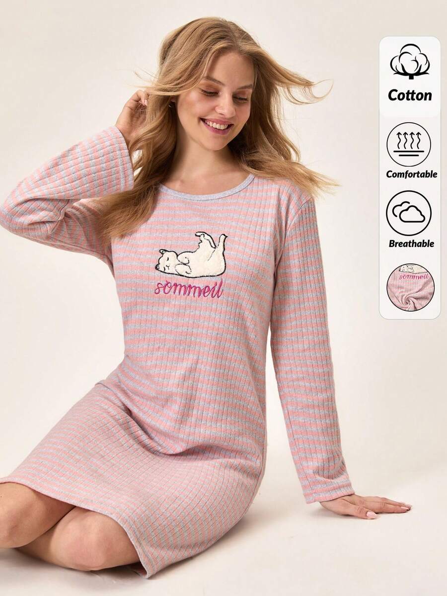 EURMUSE Women PLUS CURVE Cotton Rib Knit With Contrast Colour Binding With Cat Embroidery Detail Round Neck Long Sleeve Homewear Sleep Pajama Dress - Multicolor - View 1