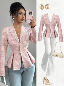 Elenzga Autumn/Winter New Knitted Elastic Chic Fashion Elegant Cinched Waist Design Shoulder Long Sleeve Women Plaid Jacket Fall Cloth For Women - Multicolor - View 1