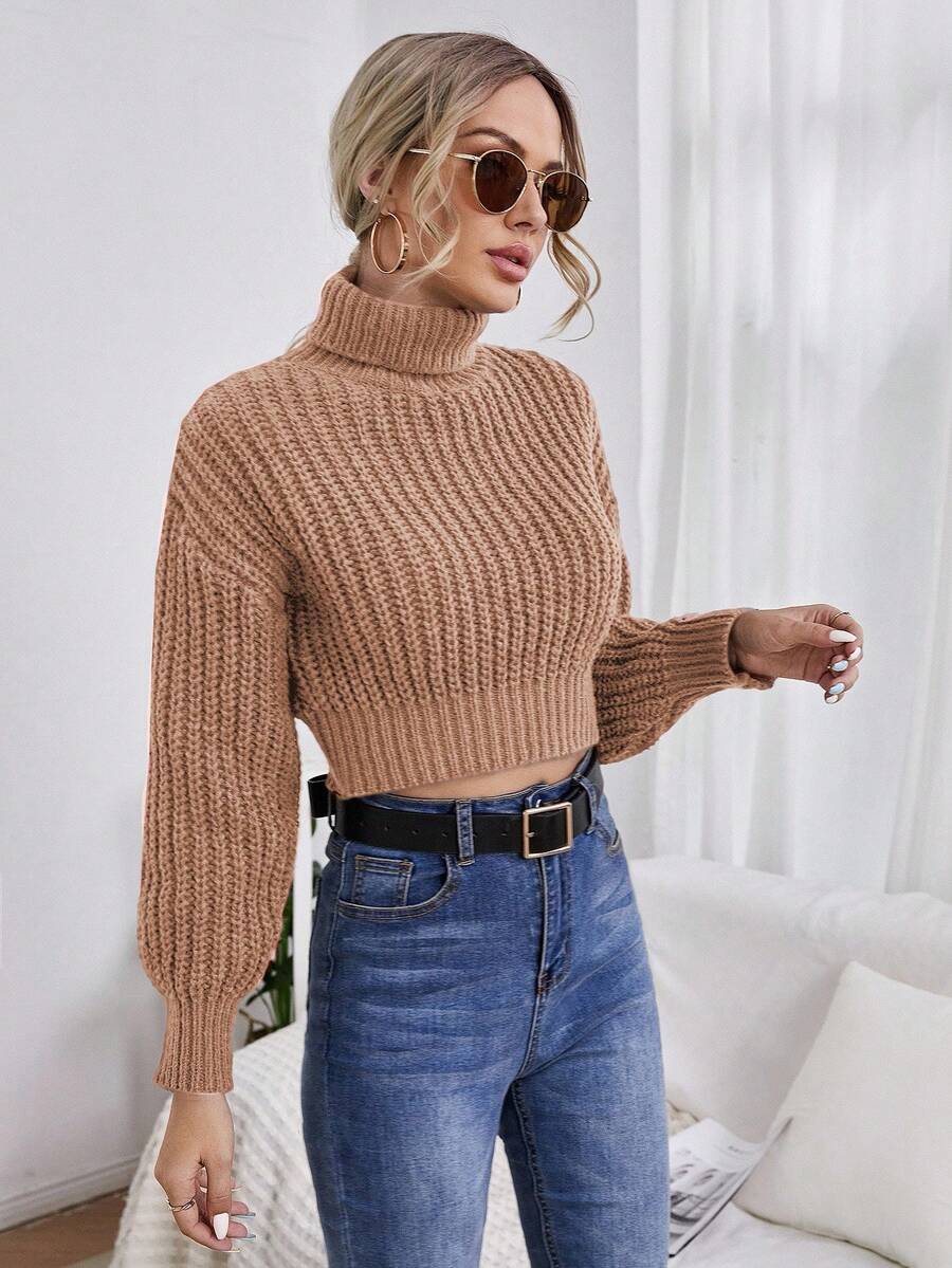 EURMUSE Turtleneck Drop Shoulder Crop Sweater - Dusty Pink - View 1