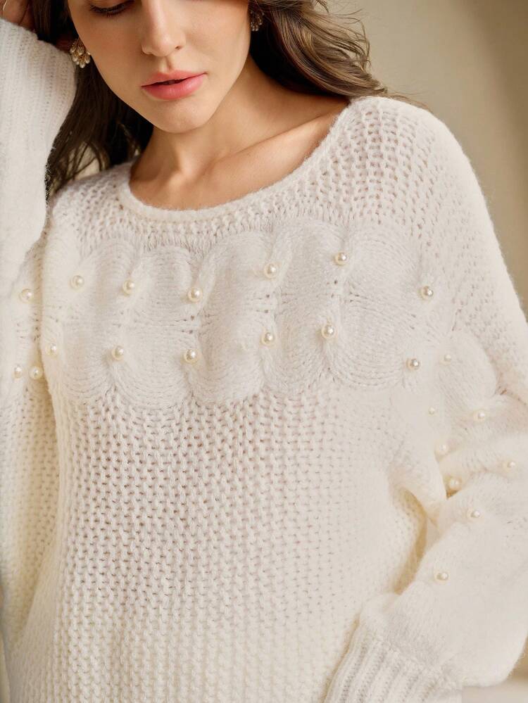 Women's Fashion High-End Elegant Beaded Loose Casual Crew Neck Sweater