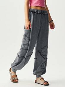 Bohemela BOHO Solid Color Knitted Low Waist Loose Drawstring Pants For Women