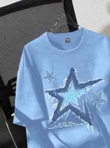 SHEIN EZwear 女款休闲宽松蓝色五角星图案圆领短袖T恤，夏季 - 藍色 - 查看 5