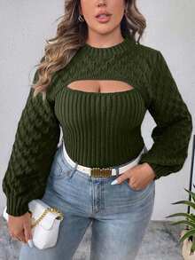 EURMUSE 大码女式秋季圆领修身性感镂空针织毛衣，柳叶花卉提花纯色常规小灯笼袖蓝色套头衫 - 軍綠色 - 查看 1