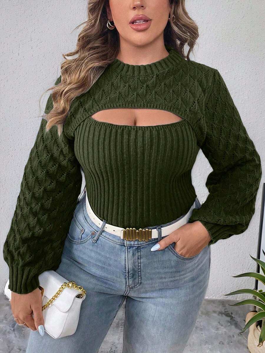 EURMUSE 大码女式秋季圆领修身性感镂空针织毛衣，柳叶花卉提花纯色常规小灯笼袖蓝色套头衫 - 軍綠色 - 查看 1