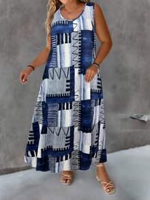 EMERY ROSE Plus Size Round Neck Casual Printed Knit Dress - Multicolor - View 5