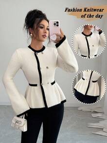 Selianne Women's Elegant Round Neck Front Button Design Contrast Color Sweater Fall Winter Cloth For Women - Black and White - View 4