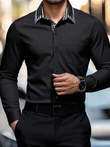 Manfinity Mode 男士黑色商务长袖撞色拼接衬衫，适合秋季 - 黑色 - 查看 4