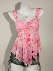 SHEIN ICON Áo nữ đi nghỉ mát in hoa xếp ly thời trang ngày Quốc khánh 4 tháng 7, áo hè dễ thương, áo đi chơi, áo hoa hồng, áo hồng xinh xắn, áo babydoll hồng, áo hè hồng - Hồng - Xem 5