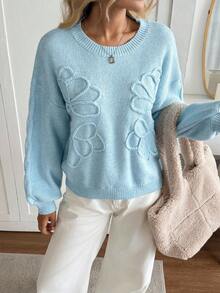 SHEIN LUNE Rundhals Laternärmel 3D Blumen Pullover, lässiger, weiter Pendler Vintage Stil für Frauen Blumen Pullover Damen Pullover bestickter Pullover blauer Pullover Zopfstrick Pullover für Herbst/Winter - Blau - Übersicht 1