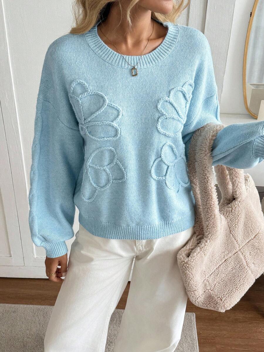 SHEIN LUNE Rundhals Laternärmel 3D Blumen Pullover, lässiger, weiter Pendler Vintage Stil für Frauen Blumen Pullover Damen Pullover bestickter Pullover blauer Pullover Zopfstrick Pullover für Herbst/Winter - Blau - Übersicht 1