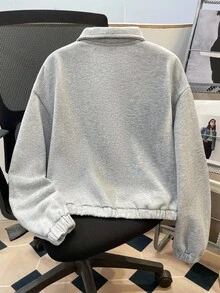 SHEIN 少女灰色落肩拉链半开襟短款卫衣，秋冬季款 - 淺灰色 - 查看 2