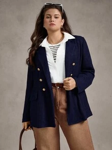 Zelara 大码女式海军蓝双排扣针织西装外套，秋冬返校季商务休闲女装，乡村音乐会复古斯德哥尔摩风格办公室着装，教师工作/办公室冬季时尚 - 藏蓝色 - 查看 6