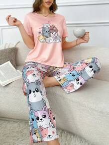 Snug Zone Conjunto de pijama de mujer con estampado de gato lindo y contraste de colores - Multicolor - Ver 1