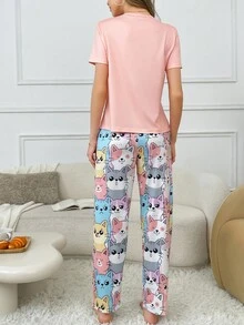 Snug Zone Conjunto de pijama de mujer con estampado de gato lindo y contraste de colores - Multicolor - Ver 2