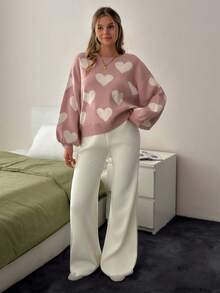 EURMUSE Damen Herzenmuster Rundhals Lässig Langarm Pullover und Strickjacke Hose 2-teiliges Set