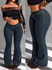 Jeanoix Quần jean ống loe bó sát thường ngày đa năng cho nữ cỡ lớn - Màu xanh lam - Xem 4