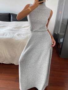 DAZY 2 件纯色修身高领无袖上衣和裙子针织毛衣套装，秋冬休闲优雅 - 灰色 - 查看 7