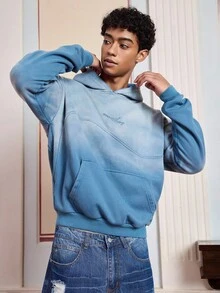 SWAVVY Men's Loose Fit Thermal Lined Long Sleeve Gradient Embroidered Hoodie Sweatshirt, Vintage Y2K Baggy Streetwear, For Fall Winter, Holiday - Blue - View 4