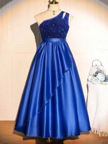 Tween Girl Elegant Sequin Patchwork Ruffle Trim Spaghetti Strap Party Dress Fall Winter - Blue - View 3