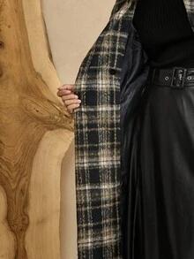 Arave Women's Plaid Material Wide Shoulder X-Shaped Suit Style Double-Breasted Pocket Flap Design Daily Commuting Mid-Length Coat Autumn Women's Business Casual Women's Plaid