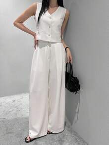 DAZY Women's Solid Color High Waist Pleated Loose Flowy Wide Leg Pants