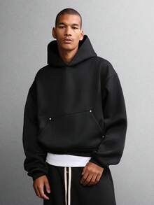 SUMWON Minimalist Essential Heavyweight Crop Hoodie With Centre Pocket Oversized Casual Winter Lounge Streetwear Layering Basic Plain - Black - View 1