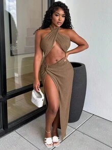 Alexandranx Ärmelloses Kleid Mit Ausgehöhltem Twist-knoten-neckholder Und Hohem Beinschlitz