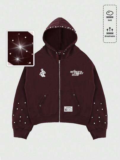 Street Life Sudadera con decoración de perlas 3D para hombres, estilo holgado y corto, para otoño