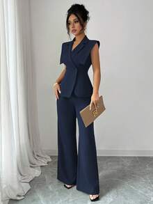 Elenzga Women's Elegant Casual Suit Set With Collared Sleeveless Blouse And Elastic Waist Pants, Suitable For Work, Vacation, Afternoon Tea, Party, Spring/Summer - Navy Blue - View 4