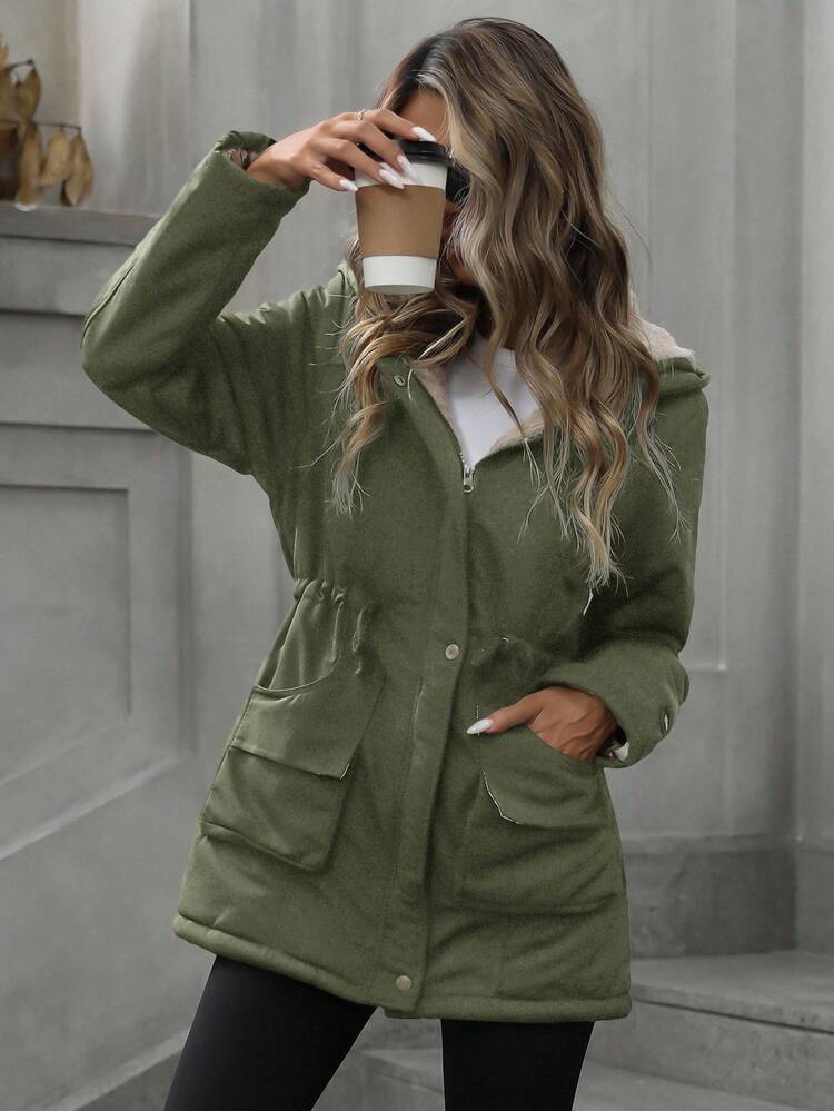 Aveloria Modichic Casaco Acolchoado Casual Solto e Versátil com Capuz, Zíper e Cordão na Cintura, Roupas de Inverno - Verde Militar - Visão 4