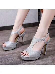 Sandalias de Tacón Fino con Plataforma, Peep Toe y Efecto Glitter, Diseño en T con Hebilla, Ideal para Fiestas y Eventos Especiales - Plateado - Ver 12