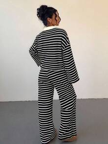 Siren Gaze 女式两件套宽松条纹 V 领落肩长袖 T 恤和松紧腰条纹裤，冬季毛衣套装，秋冬 - 黑色 - 查看 2