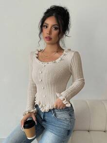 Elenzga Áo len chui đầu tay dài cổ vuông viền bèo nhún mới cho nữ vải thu đông cho nữ - Màu be - Xem 3