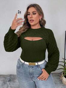 EURMUSE 大码女式秋季圆领修身性感镂空针织毛衣，柳叶花卉提花纯色常规小灯笼袖蓝色套头衫 - 軍綠色 - 查看 3