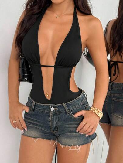 SHEIN Tall 黑色深 V 领露背吊带紧身衣，超级有弹性且柔软，舒适性感紧身衣，适合派对、度假、休闲聚会、日常穿着，适合高个子女性，秋季