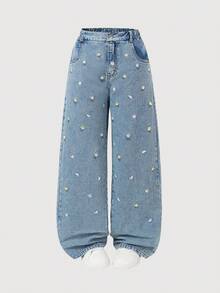 Sparklyn Tween-Mädchen Lässig Distressed Bestickter Gerade Bein Jeans Jeans Gänseblümchen Jeans Distressed Kleine Gänseblümchen Bestickter Weiter Bein Jeans Erdbeere Blumen Jeans Ästhetische Denim Rock Anzüge Brunch
