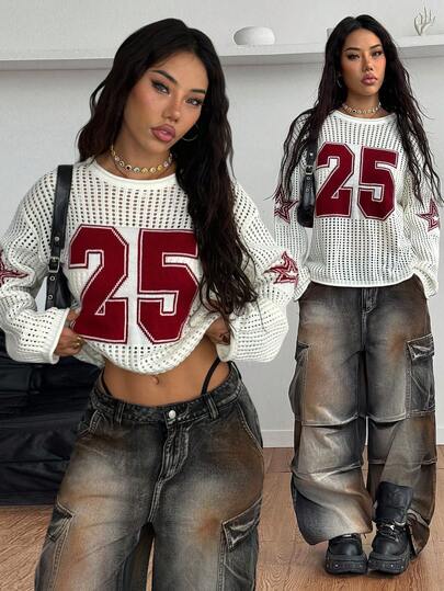 Coolane 女式宽松镂空数字图案落肩长袖针织毛衣，白色