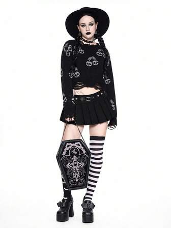 Goth Maglione corto da donna con teschio scuro e ciliegie, stile consumato, per Ognissanti