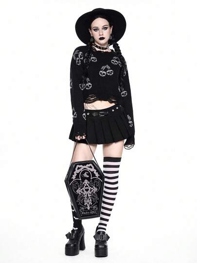 Goth Suéter corto de mujer con calavera oscura y cereza desgastada, Halloween