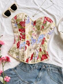 Soleia 复古牛仔印花系带抹胸短款上衣，适合度假、派对、约会、情人节、复活节、狂欢节、下午茶、海滩、邮轮、城市度假、秋冬分层搭配、一字肩上衣、一字肩毛衣、基本款上衣、外套、教师装、返校装、女士冬装、女士秋装、生日、街头服饰、女士约会之夜、女士办公室装、万圣节、音乐节服装、秋冬上衣 - 彩色 - 查看 4