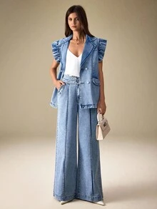 Selenza Veste en jean décontractée pour femme avec manches à volants