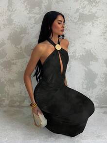 Glamine 女式露背贝壳装饰连衣裙，蓝色海滩度假性感旅行派对装 - 花卉图案随机剪裁 - 黑色 - 查看 3