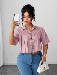 Elenzga Women's Pleated Bow Front Short Elegant Blouse - Pink - View 6
