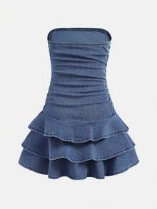 SHEIN Girlism Tween Girls Y2K Fashionable Stonewashed Snug Fit Dress With Layer And Bowknot Detailed - Medium Wash - View 2