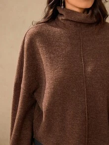 Wildy Sudadera casual holgada de mujer con cuello alto, manga larga y hombros caídos, de unicolor. Suéter de cuello alto de otoño para mujer, suéter de invierno de cuello alto marrón para mujer