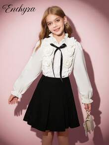 青少年女孩休闲优雅白衬衫，长袖玫瑰 3D 花朵修身短上衣，春夏秋季 - 白色 - 查看 6