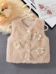 SHEIN Chaleco sin mangas con forro térmico, decorado con flores y moños, para niñas, otoño/invierno